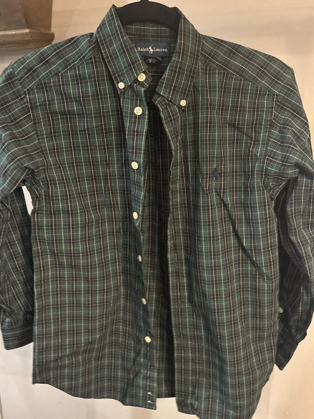 Ralph Lauren Green and Navy Plaid Button-Down Shirt- size medium (10-12Y)